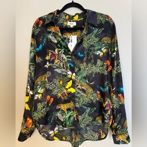 NWT - L'AGENCE Multicolor Tropical Print Silk Blouse on Black